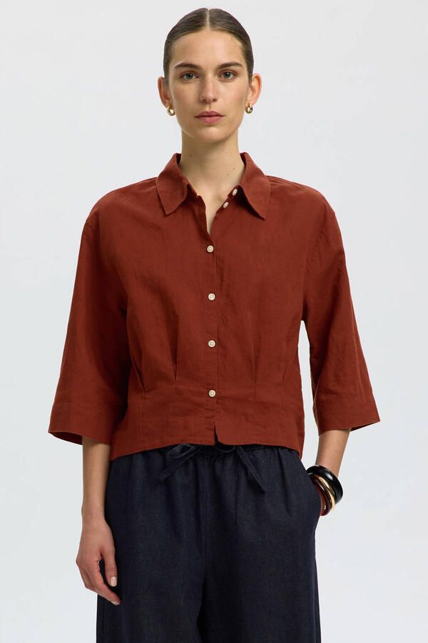 Selected blouse met linnen donkerrood - Foto 3