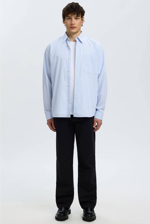Selected gestreept poplin overhemd blauw - Foto 3