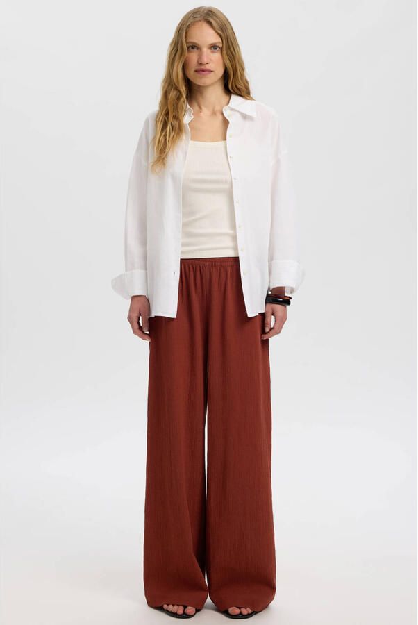 Selected katoenen loose fit high waist broek met plooien roodbruin - Foto 2