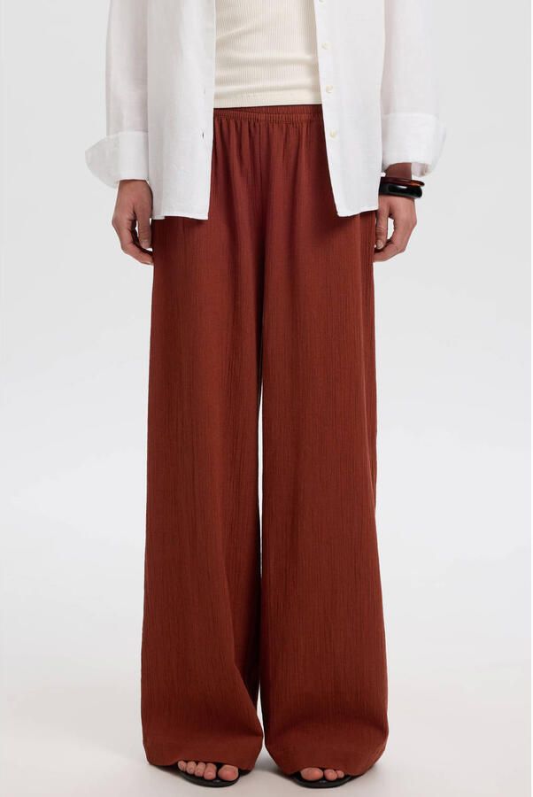 Selected katoenen loose fit high waist broek met plooien roodbruin - Foto 3