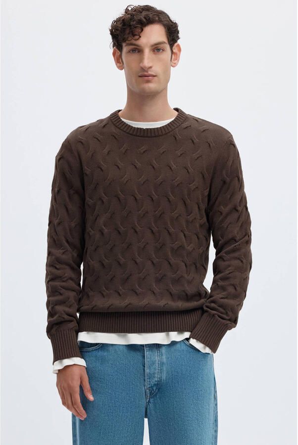 Selected katoenen regular fit gebreide trui donkerbruin
