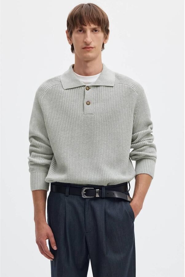 Selected katoenen regular fit gebreide trui light grey