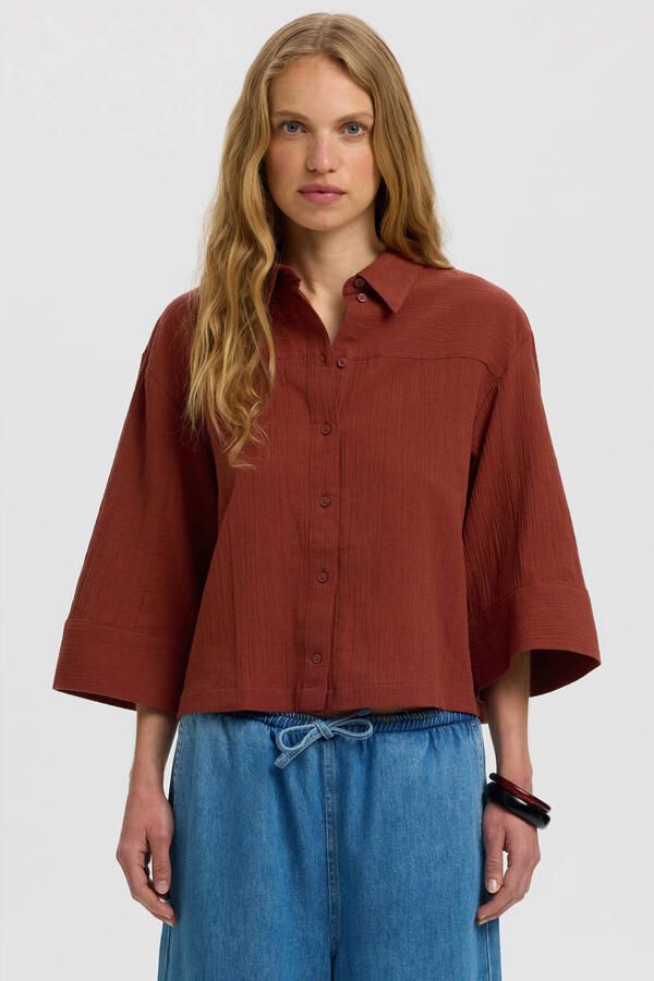 Selected katoenen relaxed fit blouse roodbruin