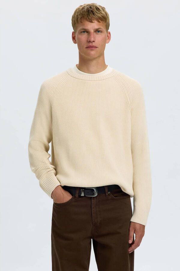 SELECTED MEN Heren Truien & Vesten Slmbraun Knit Rib Crew Neck Noos Gebroken Wit - Foto 6