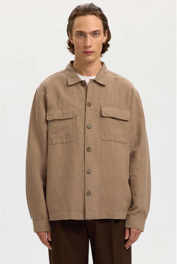 Selected overshirt met linnen bruin