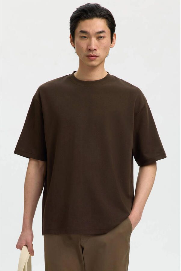 SELECTED MEN Heren Polo's & T-shirts Slhlooseoscar Ss O-neck Tee Noos Bruin - Foto 5