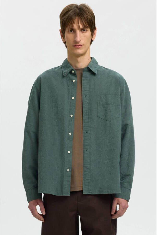 Selected regular casual overhemd groen seersucker