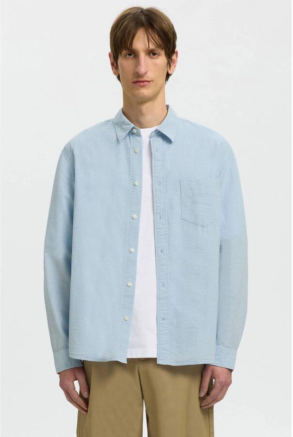Selected regular casual overhemd lichtblauw seersucker