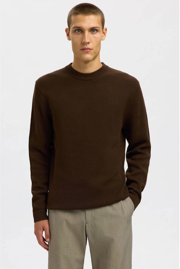 SELECTED MEN Heren Truien & Vesten Slhdane Ls Knit Structure Crew Neck Noos Bruin - Foto 5