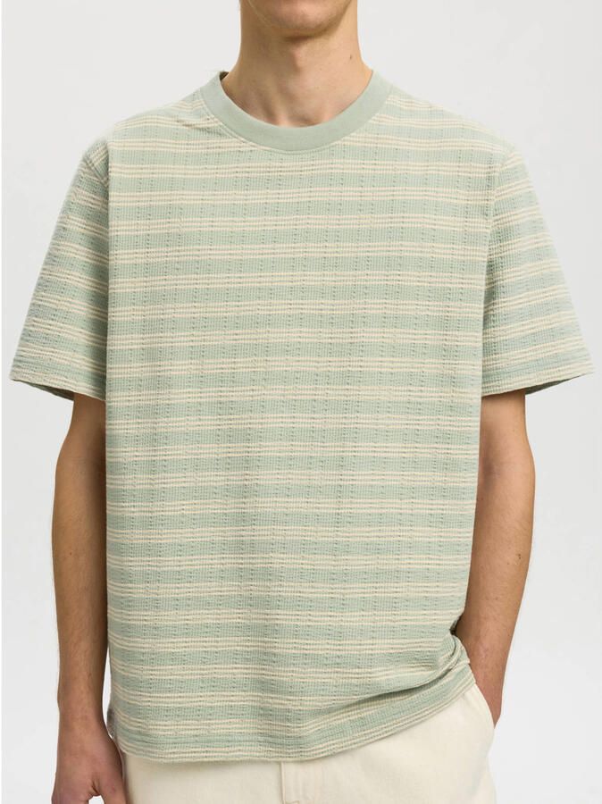 Selected regular gestreept T-shirt seersucker lichtgroen