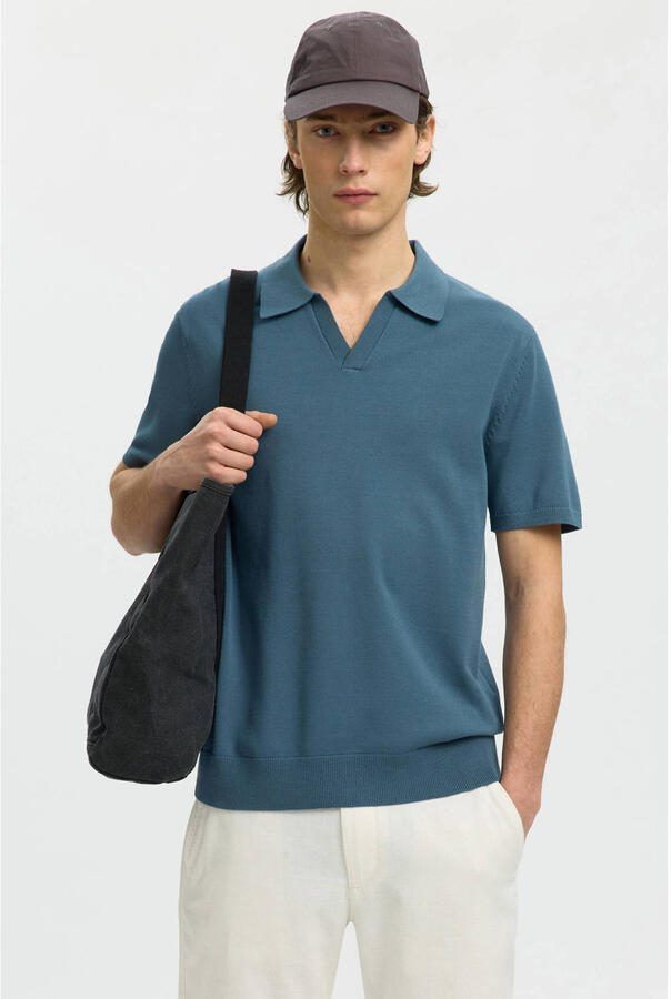 Selected regular polo gebreid blauw