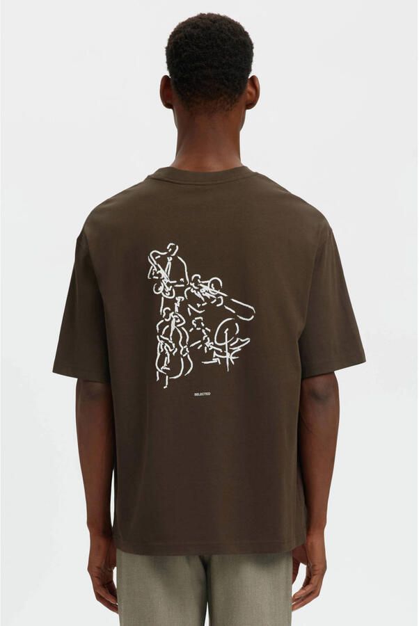 Selected regular T-shirt met backprint bruin - Foto 2