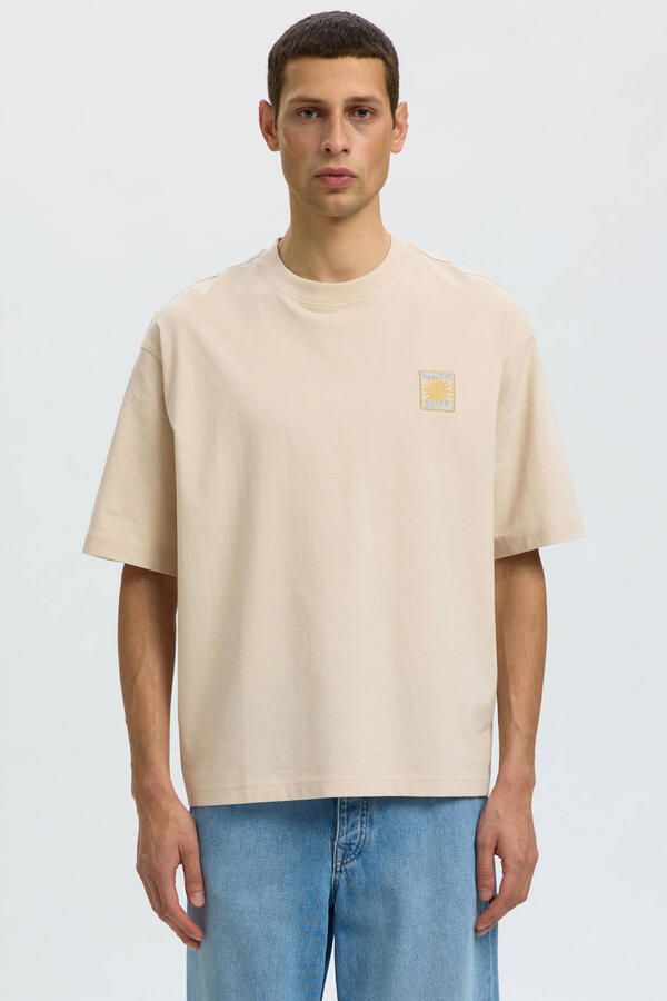 Selected relaxed fit T-shirt met borduursels beige