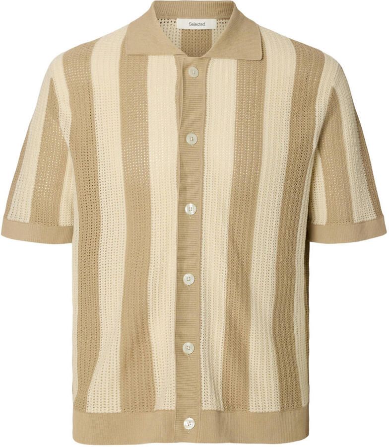 Selected relaxed gestreept casual overhemd gebreid beige
