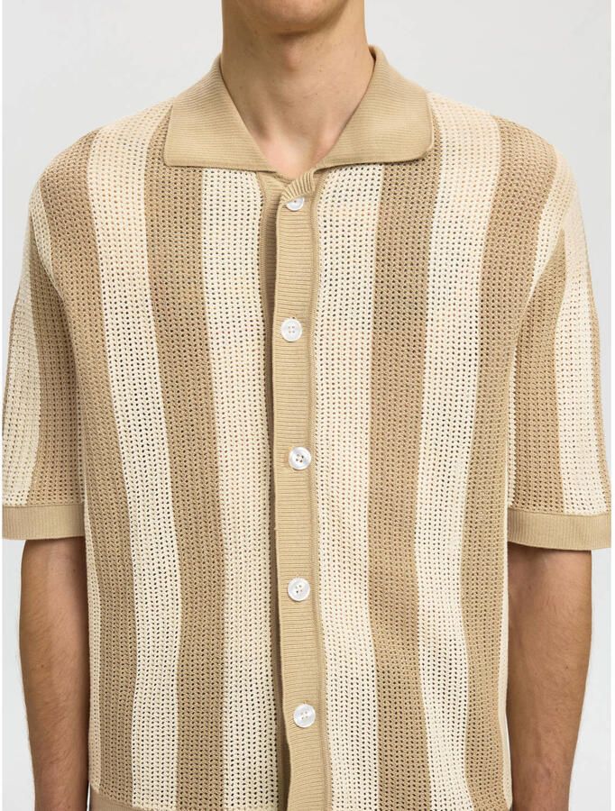 Selected relaxed gestreept casual overhemd gebreid beige - Foto 2