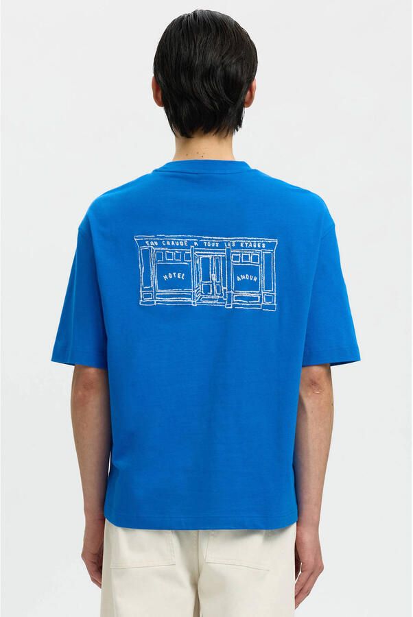 Selected relaxed T-shirt met backprint blauw - Foto 3
