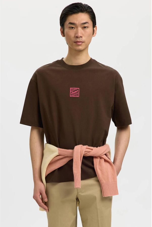 SELECTED MEN Heren Polo's & T-shirts Slhrelaxbrock Ss Tee Hotel Amour Bruin - Foto 5