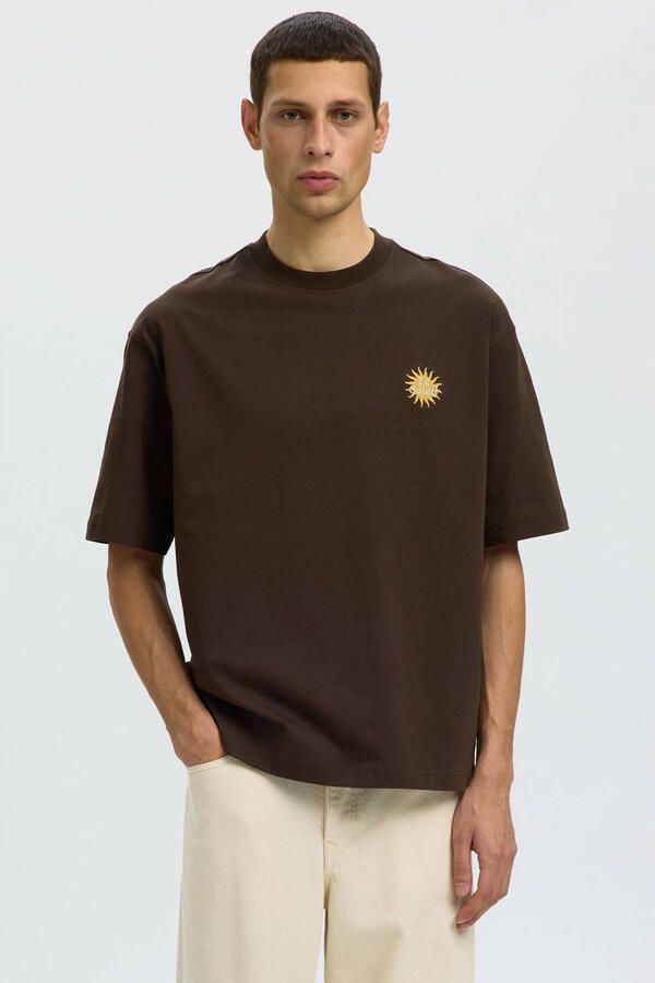 Selected relaxed T-shirt met borduursels donkerbruin