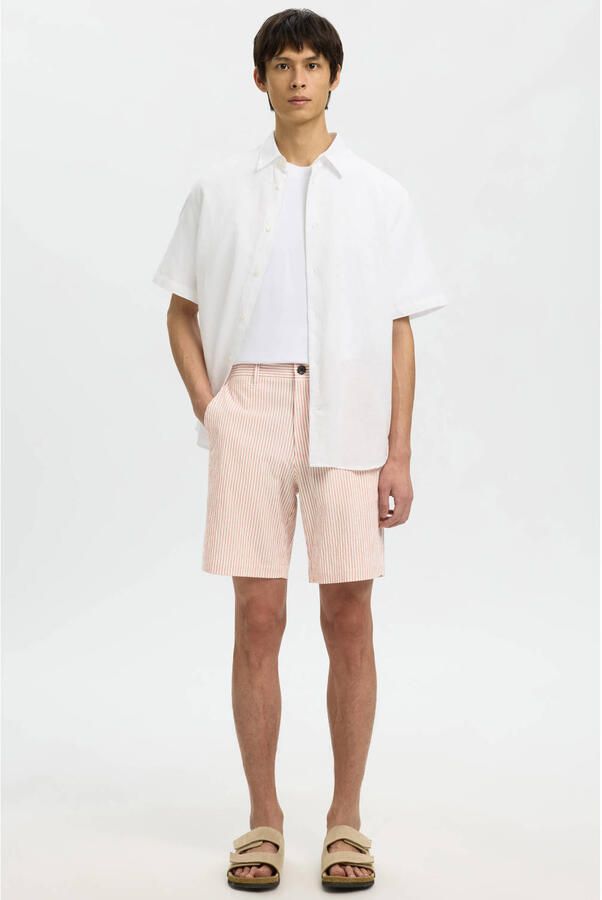 Selected SLHREGULAR-KARL regular waist gestreepte chino short seersucker roze - Foto 2