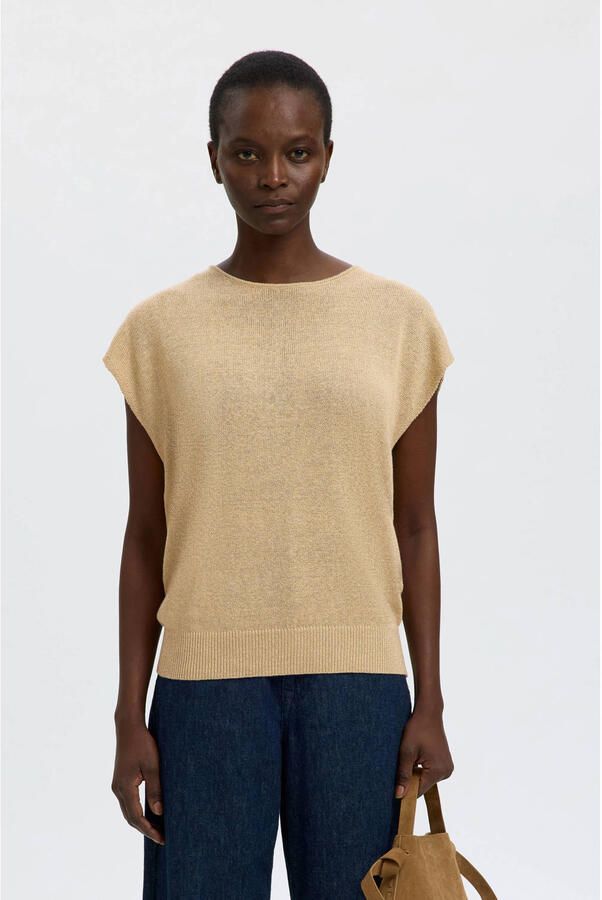 Selected top met linnen lichtbruin gebreid