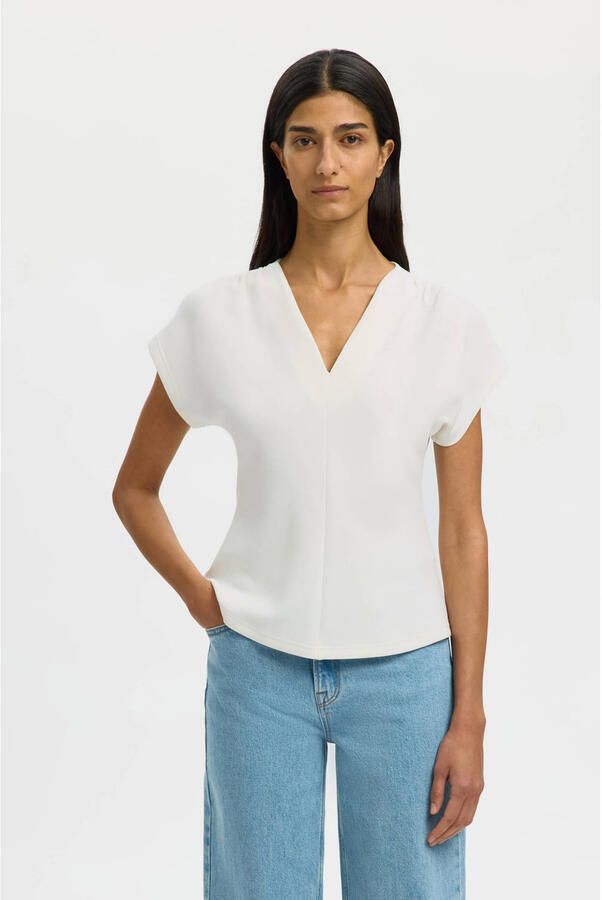 SELECTED WOMEN Dames Tops & T-shirts Slftenny Ss V-neck Gathered Top Gebroken Wit - Foto 5