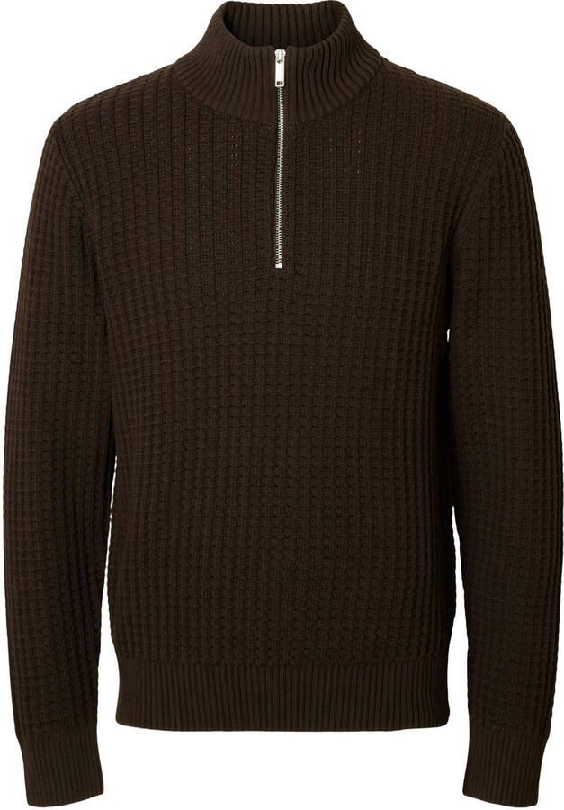 SELECTED MEN Heren Truien & Vesten Slhtom Ls Knit Structure Half Zip Bruin - Foto 5