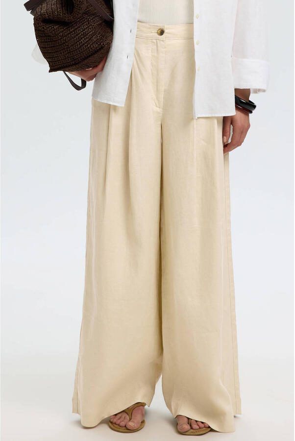 Selected wide leg regular waist casual broek met linnen beige