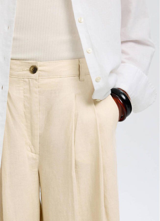 Selected wide leg regular waist casual broek met linnen beige - Foto 2
