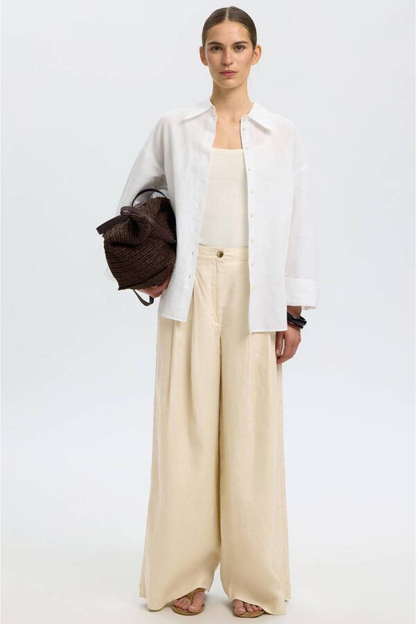Selected wide leg regular waist casual broek met linnen beige - Foto 3