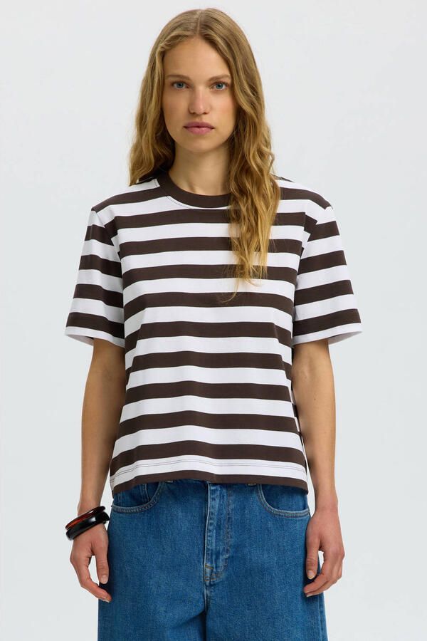 Selected Women oversized gestreept T-shirt bruin