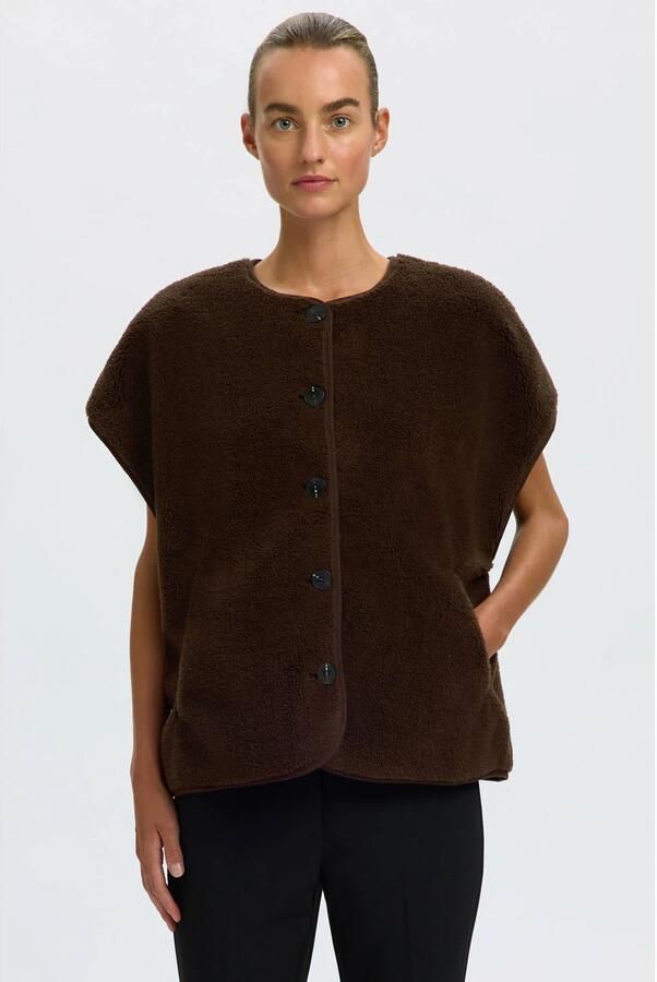 Selected Women teddy gilet donkerbruin
