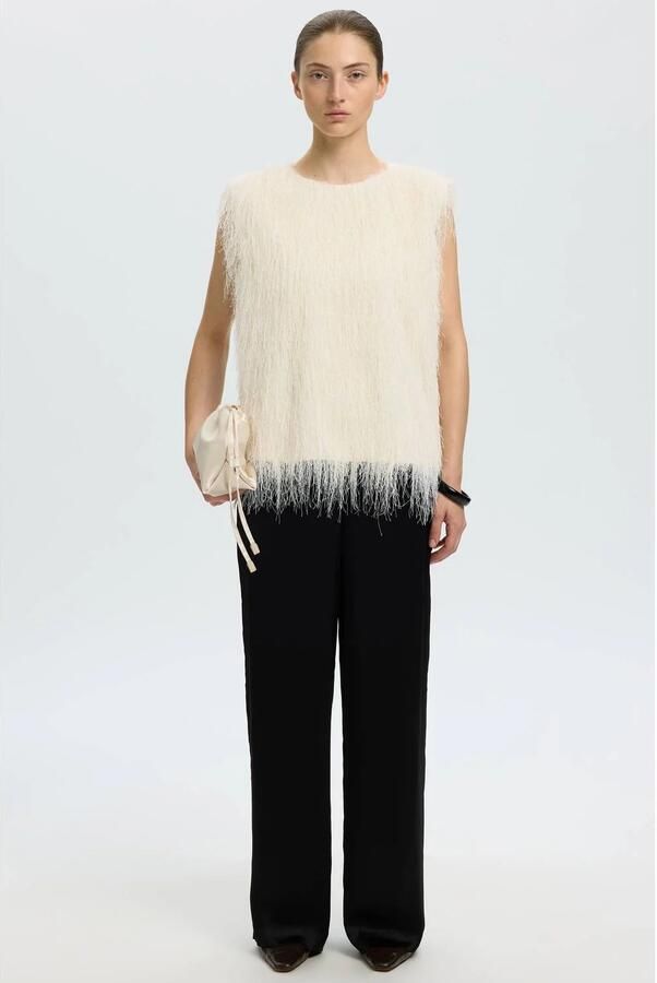 Selected Women top met veren ecru - Foto 2