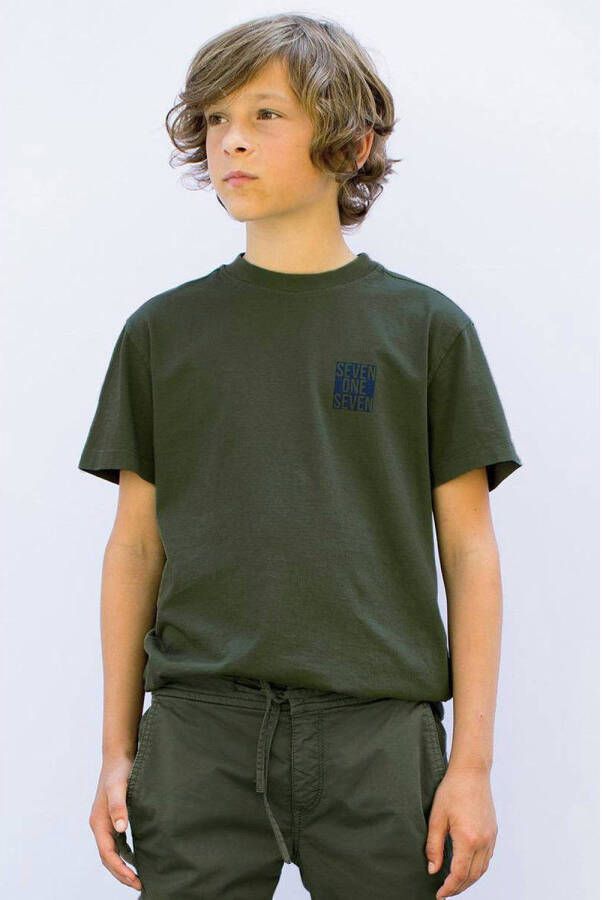 SEVENONESEVEN T-shirt met printopdruk kakigroen Jongens Katoen Ronde hals 110 116