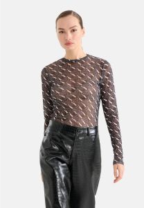 Shoeby mesh top met all over print zwart ecru