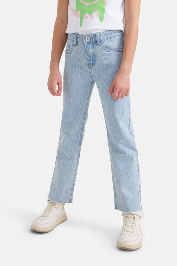 Shoeby cropped straight fit jeans met zebraprint bleached Blauw Meisjes Denim 140