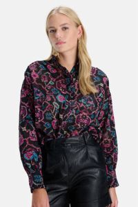 Shoeby Eksept blouse ROCKY VOILE met grafische print en ruches zwart paars roze blauw