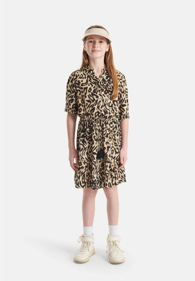 Shoeby jurk met panterprint bruin zwart Meisjes Viscose Ronde hals Panterprint 110 116