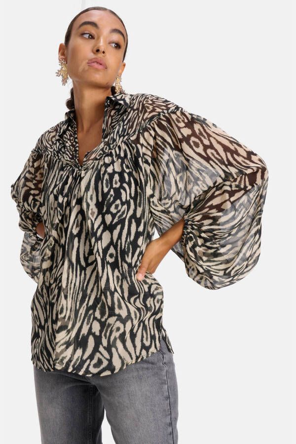 Shoeby semi-transparante blouse LISA BLOUSE met panterprint zwart ecru