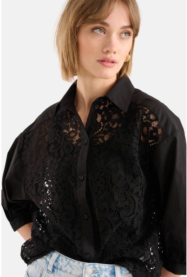 Shoeby semi-transparante blouse met kant zwart