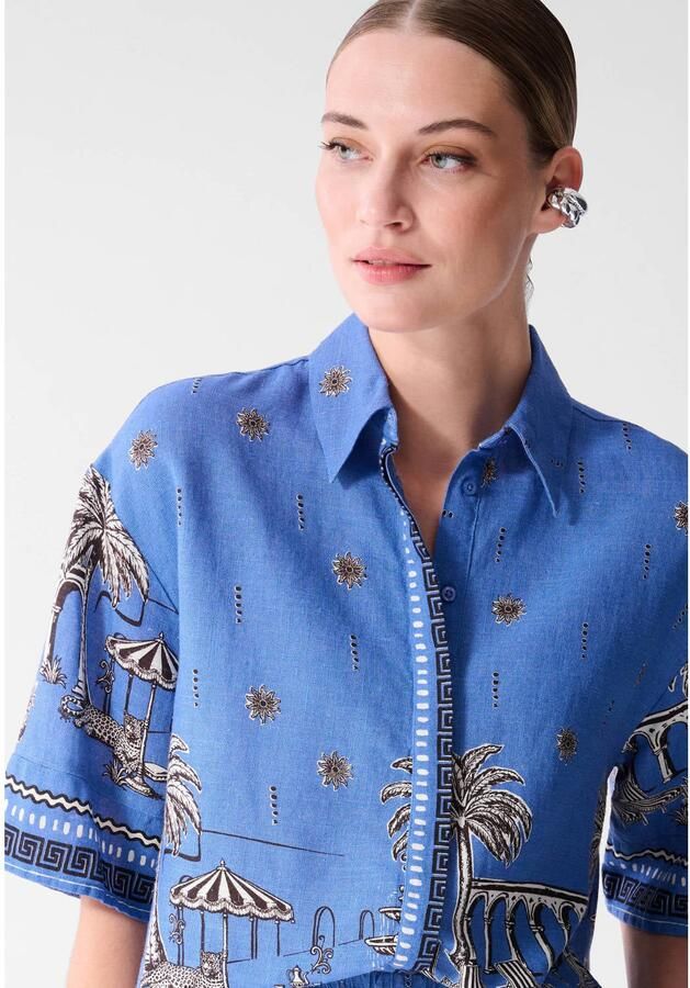 Shoeby blouse met print en linnen blauw