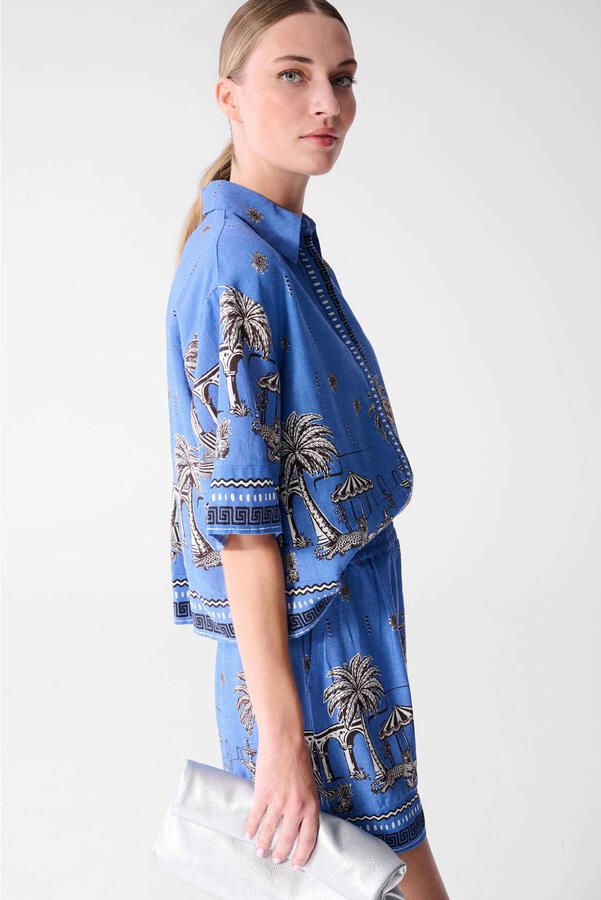 Shoeby blouse met print en linnen blauw - Foto 3