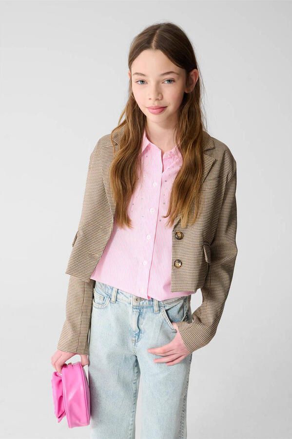 Shoeby cropped blazer met backprint lichtbruin
