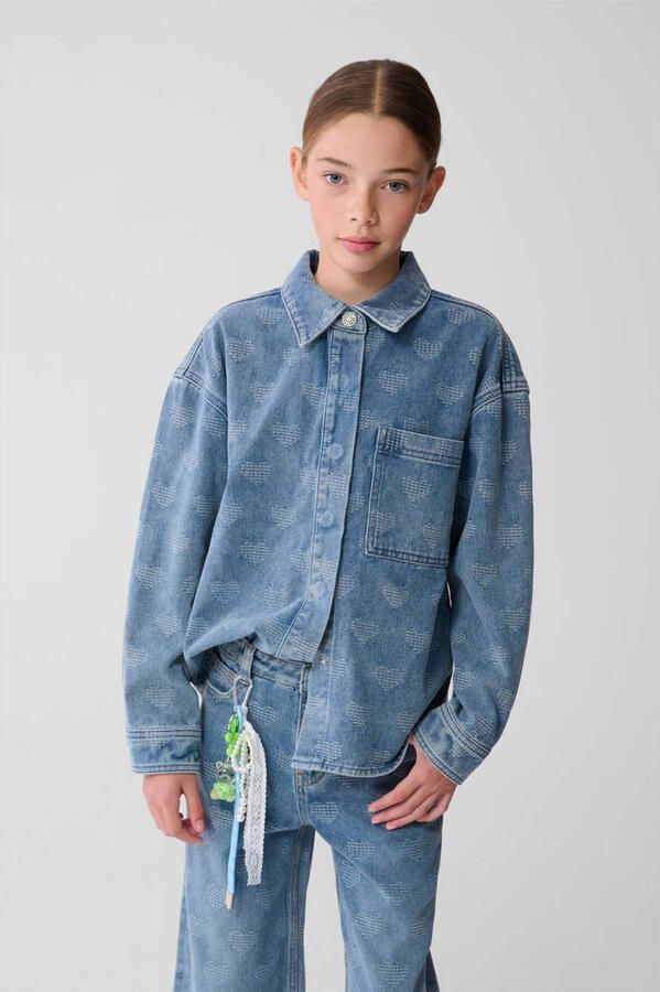 Shoeby denim blouse met hartjes medium blue denim