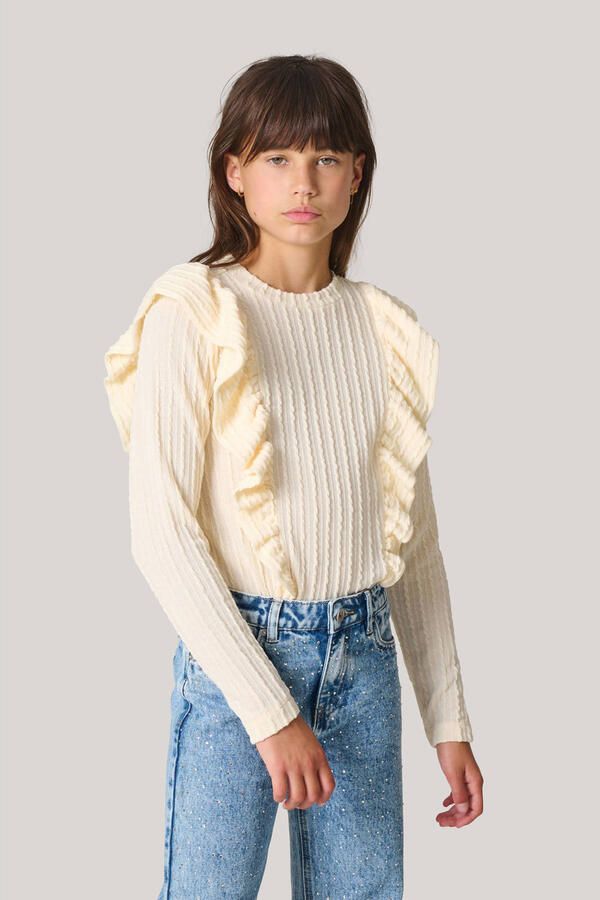 Shoeby gebreide longsleeve met ruches ecru Meisjes Polyester Ronde hals 134 140