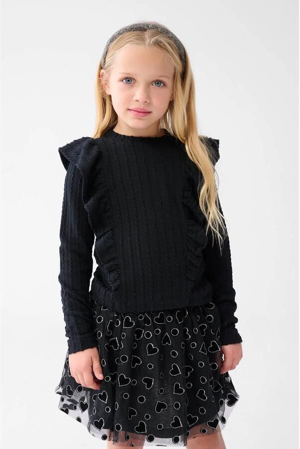 Shoeby gebreide longsleeve met ruches zwart Meisjes Polyester Ronde hals 170 176 - Foto 3