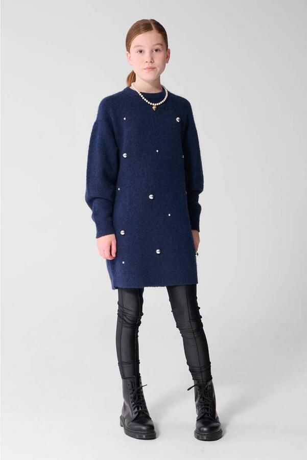 Shoeby gebreide midi jurk met studs donkerblauw Meisjes Polyester Ronde hals glitter - Foto 3
