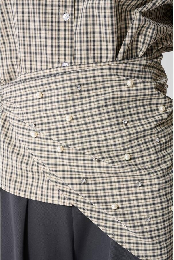 Shoeby geruite blouse met parels beige grijs - Foto 3
