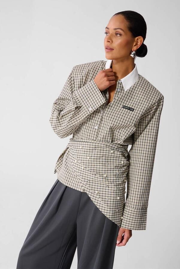 Shoeby geruite blouse met parels beige grijs