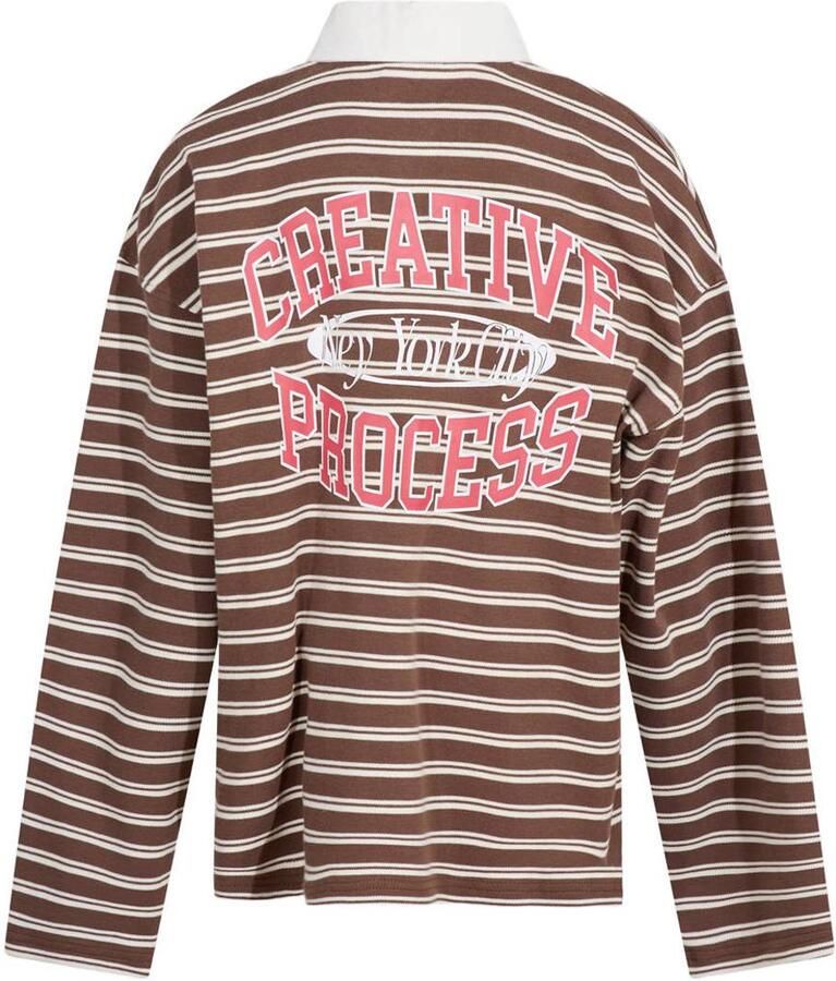 Shoeby gestreept T-shirt met backprint bruin wit Jongens Katoen Polokraag - Foto 2