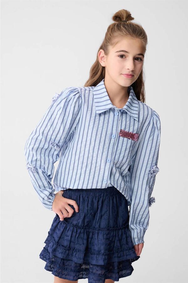 Shoeby gestreepte blouse blauw met pailletten